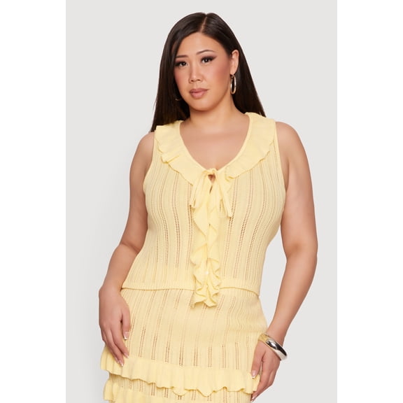 Women's Plus Size Ruffle Trim Tie Detail Crochet Vest