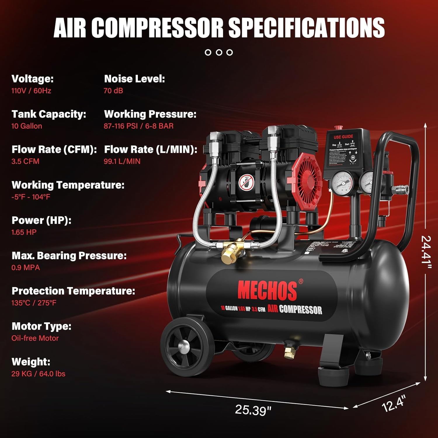 1.65 HP 110V Portable 116 Max PSI Oil-Free Air Compressor with 10 Gallon Steel Tank for Garage Tire Inflation