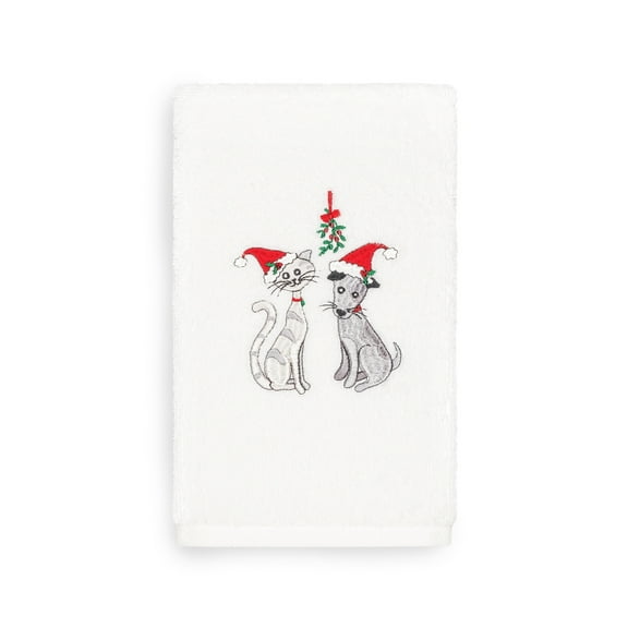 Linum Home Christmas Cat and Dog Embroidered White Turkish Cotton Hand Towel