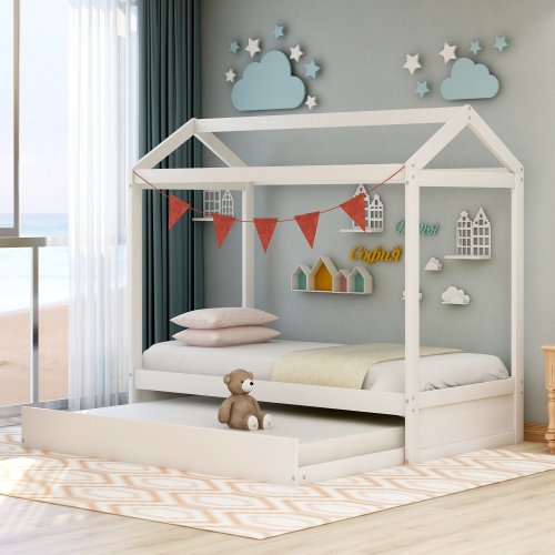 House Bed with Trundle for Kids and Toddlers, Wood Twin Size House Bed