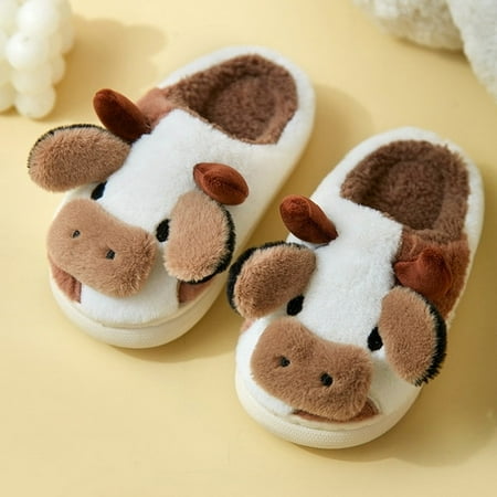 

QWZNDZGR Soft Cute Cow Cotton Slippers Winter Students Home Non-Slip Slippers Winter Warm Couple Cartoon Milk Cow Fluffy Fur Slippers