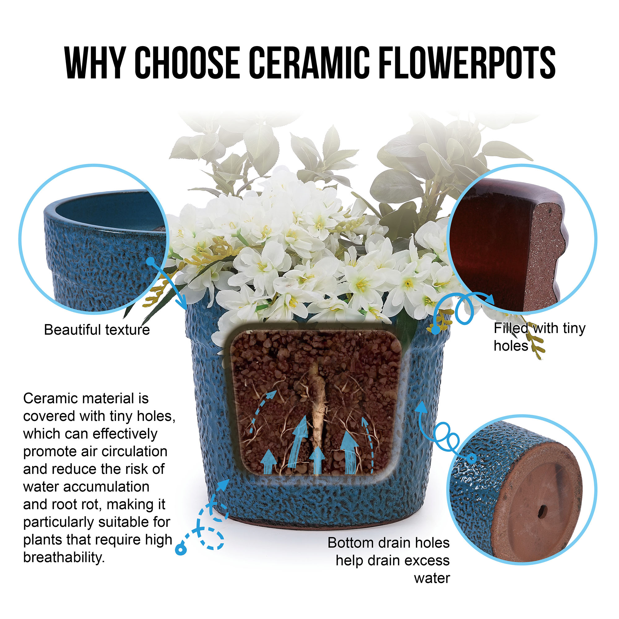 CQSXDA 3-Pack Antique Blue Ceramic Planters, 15" 12" 9" Modern Indoor Outdoor Flower Pot w/Drainage