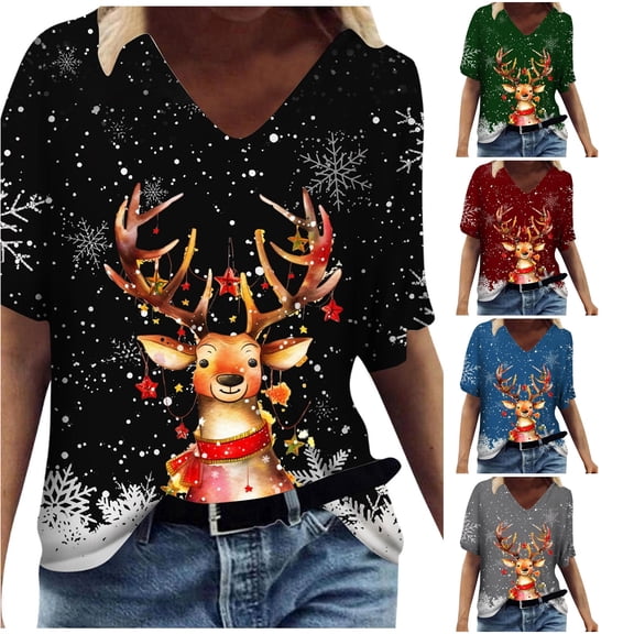 Trendfront Womens Christmas Reindeer T Shirts V Neck Short Sleeve Snowflake Print Festive Holiday Tee Tops