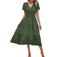 thumbnail image 2 of Women Sundress Summer Floral Short Sleeve Wrap V Neck A-Line Midi Dress Green S, 2 of 8