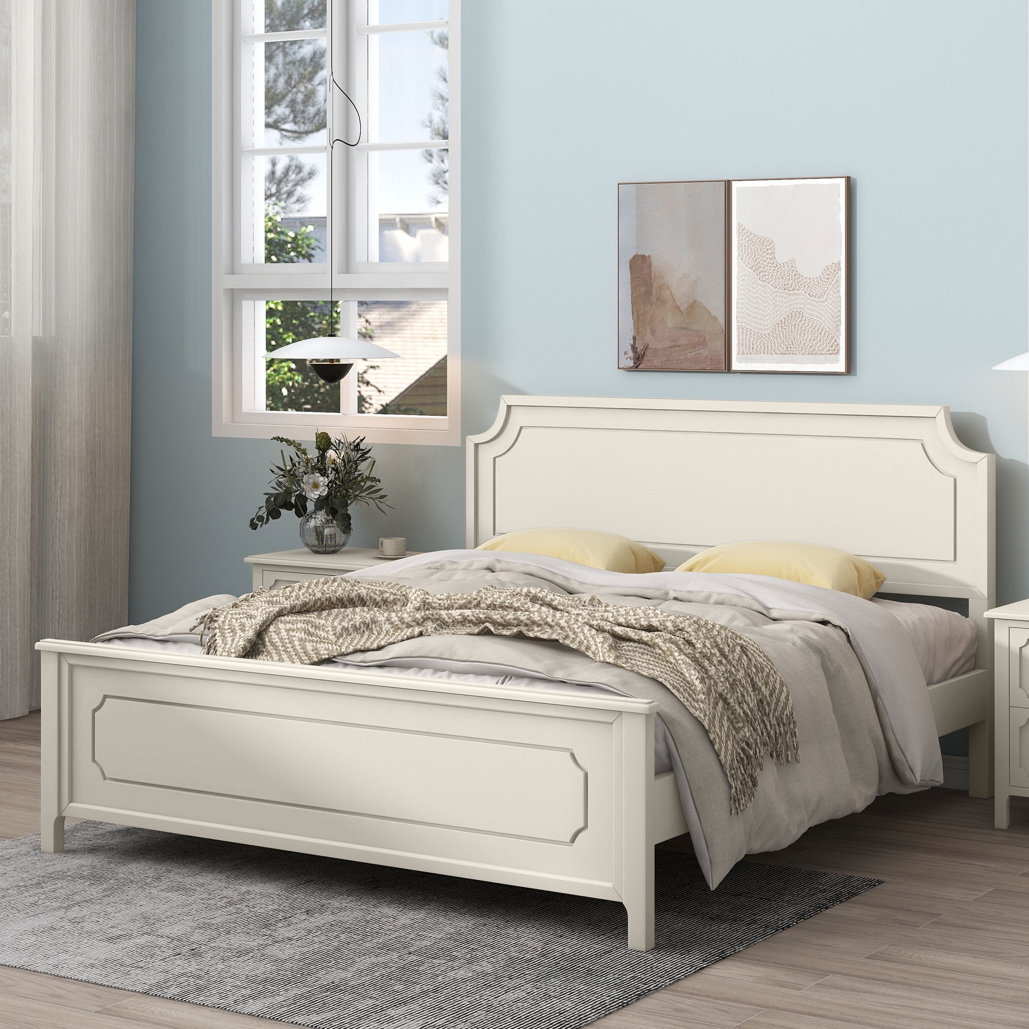 Resenkos 3 Pieces Solid Wood Bedroom Furniture Set King Size Platform Bed, Nightstand and Dresser Milky White