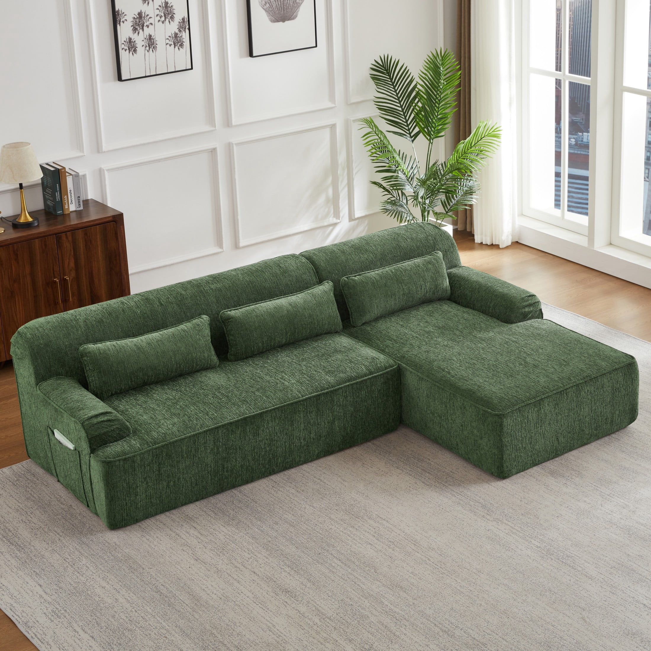 Aukfa 102.4" Modular Sectional Sofa with Right Facing L-Shape Chaise, Deep Seat Chenille Upholstered Couch with Lumbar Pillow, No Assembly Required, Green