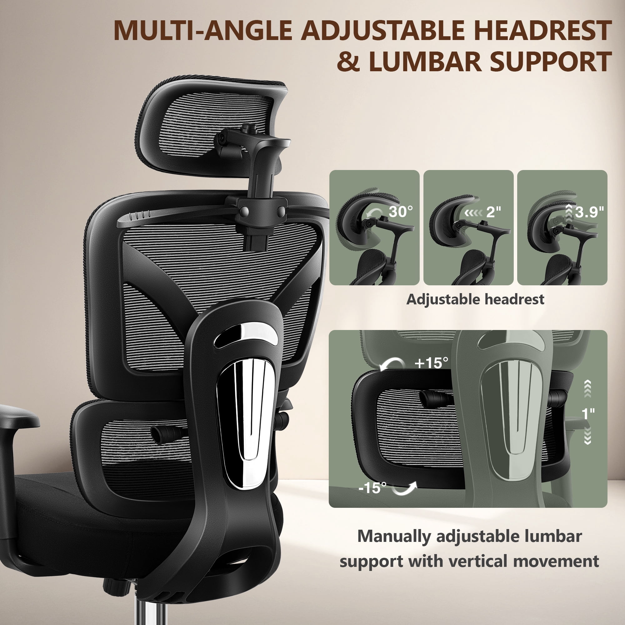 COOLHUT Ergonomic Mesh Office Chair, Big and Tall Computer Desk Chair with Adjustable Lumbar Support, Headrest and Armrest, High Back Home Office Chair for Workspace, Gaming,300LBS, Black
