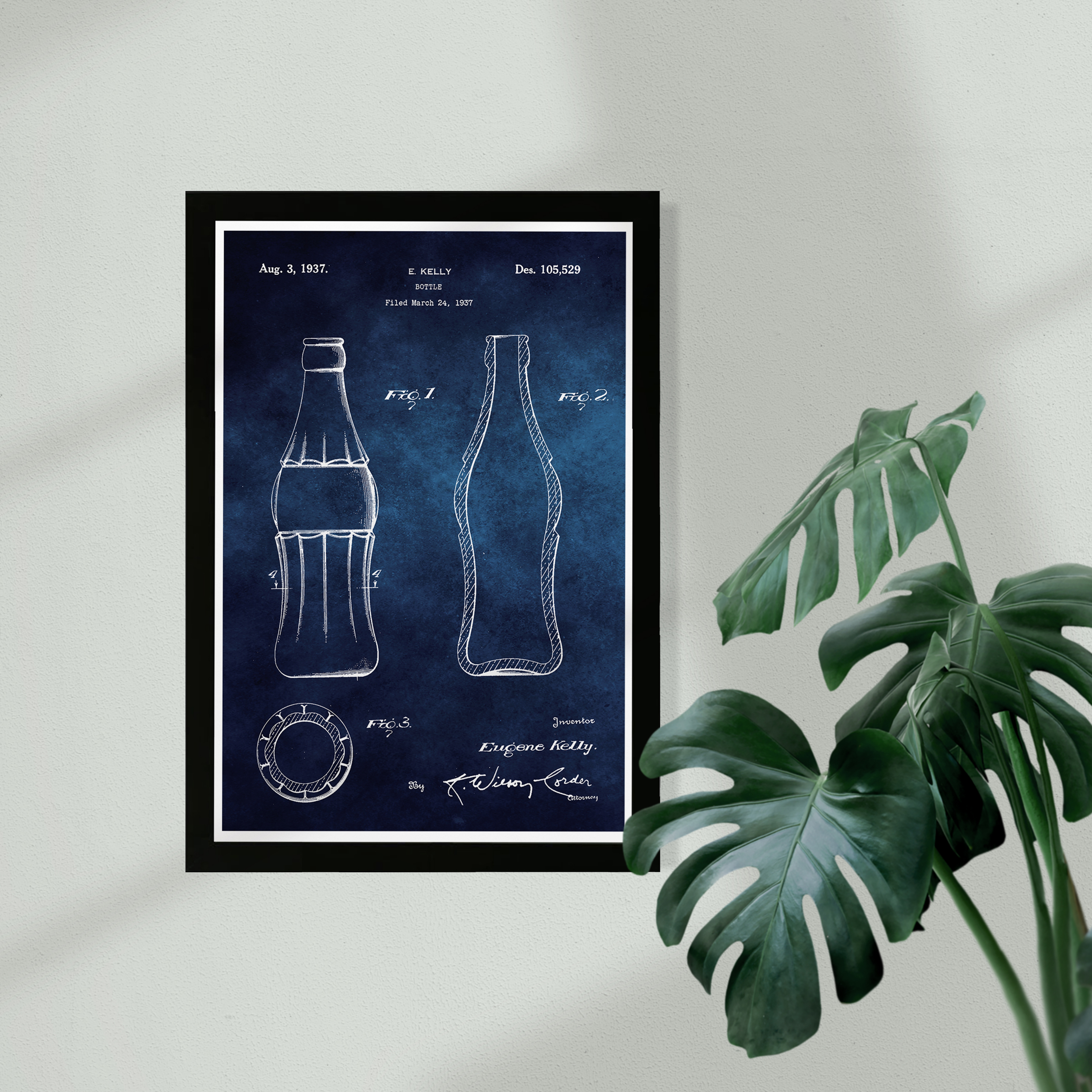 Coca Cola Bottle 1937 Blue Chalkboard 13 in x 19 in Framed Painting Art Prints, by Wynwood Studio
