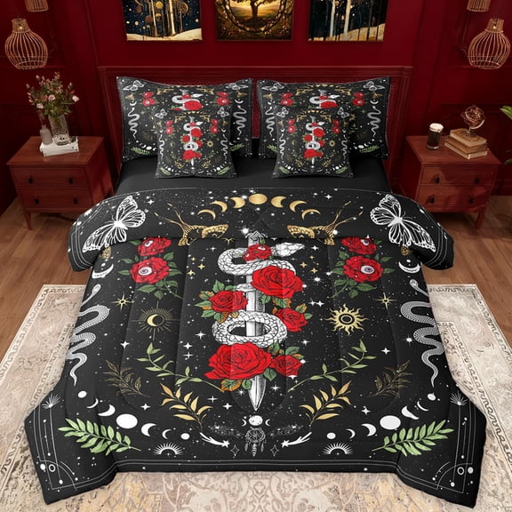 Manfei Gothic Snake 7 Pieces Bedding Comforter Set,Romantic Red Rose Full Bedding Set,Boho bohemian Style Fitted Sheet Flat Sheet For Girls Kids,Ultra Soft Home Decor Reversible