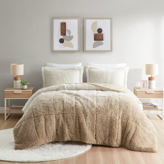 3 Piece Bedding Set, Shaggy Faux Fur, Ombre Design, Soft Faux Mink Reversible, Full/Queen Size