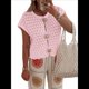 thumbnail image 3 of Suéter de Corta para Mujer, Cuello Redondo, Cárdigan de Punto de Crochet Calado, Camisas Casuales de Verano con Botones. Rosa XL, 3 of 7