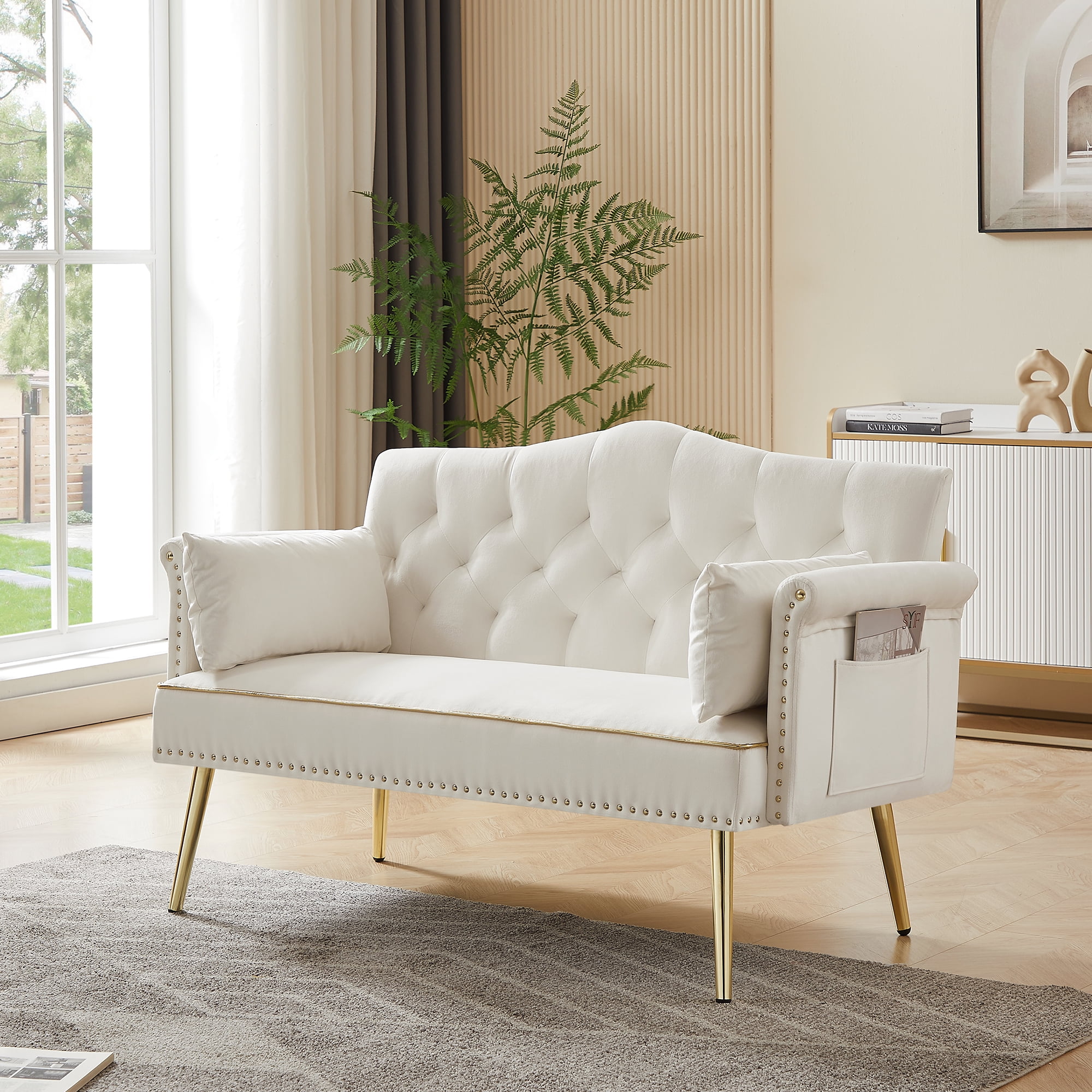 Modern 2 Seater Velvet Sofa, Button Tufted Small Couch Loveseat with Nailhead Trim and Pillows for Living Room Bedroom Apartment