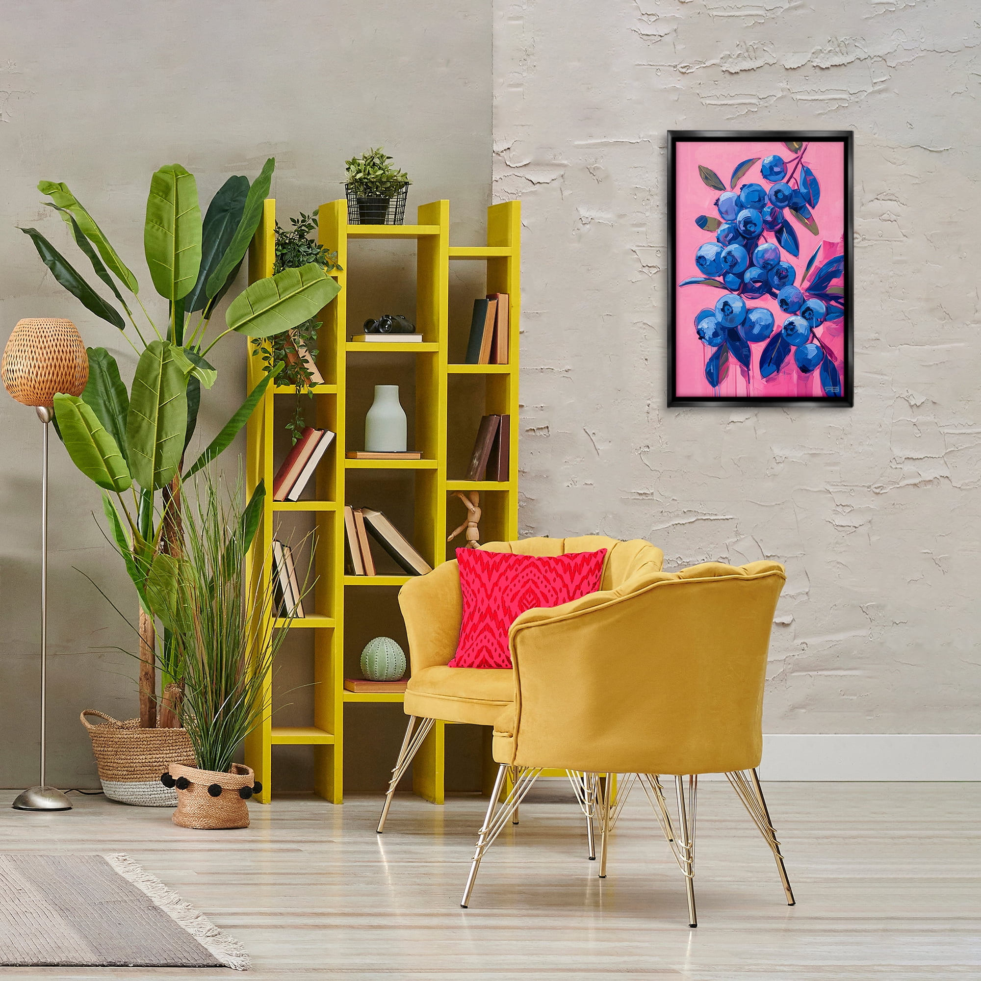 Stupell Industries Vibrant Blueberries on Pink Food & Beverage Painting Black Floater Framed Canvas Art Print Wall Art, 17 x 25