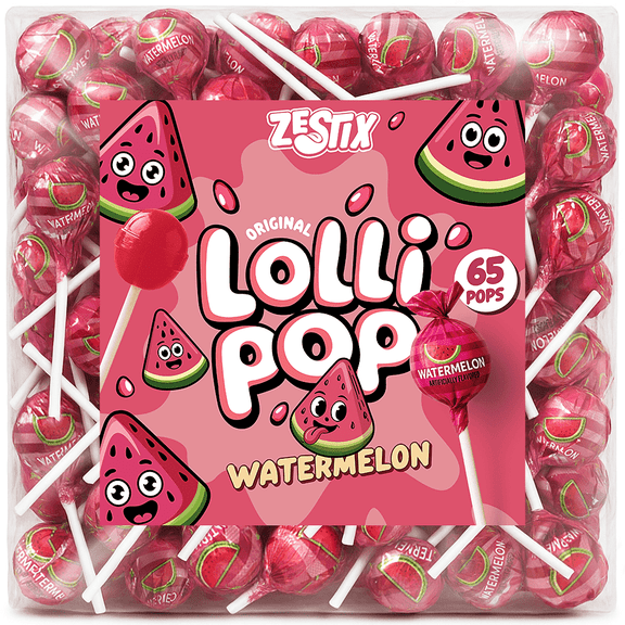 Zestix Watermelon Lollipops 65ct, Bulk Candy Suckers, Individually Wrapped Lollipop Candy for Kids, Parties, Goodie Bags & Party Favors