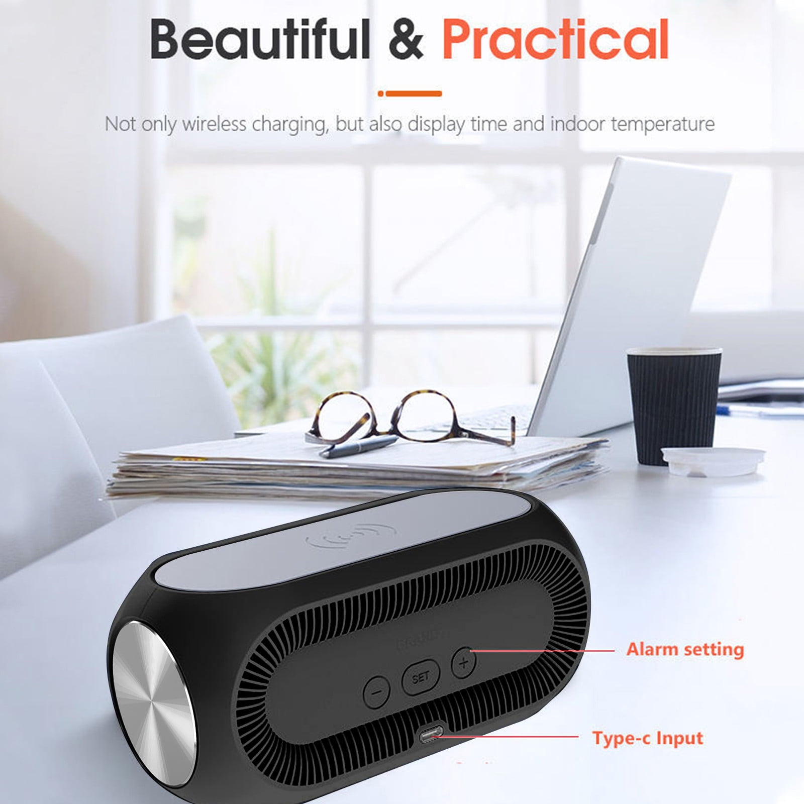 Wireless Charger Alarm Clock 15W Fast Charging LED Digital Display ABS Type-C Time Temperature Display Smart Chip Overcurrent Overheat Protection iOS Android Desktop