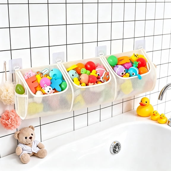 Bath Toy Organizer for Tub, 3 Compartment Large Capacity Storage Holder with Hooks, Easy Access & Sorting for Toddler Bath Toys
