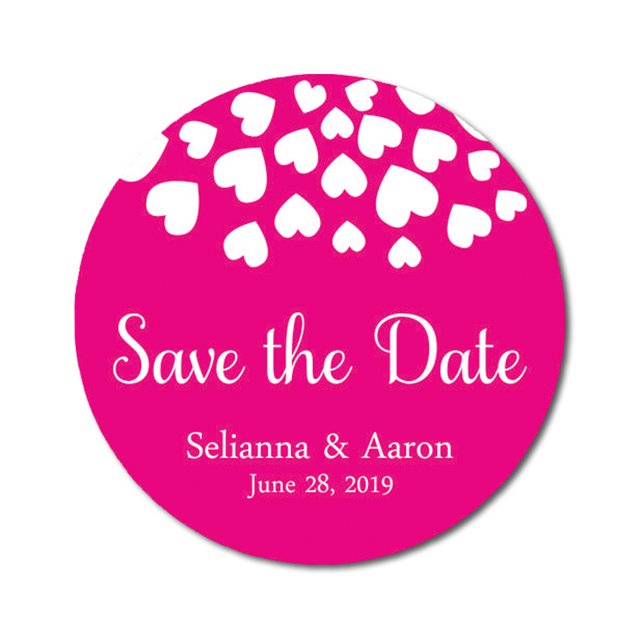 Darling Souvenir Round 45 Pieces Hearts Save The Date Stickers Wedding Personalized Bride Groom Names And Date Envelope Seals - Fuchsia Pink