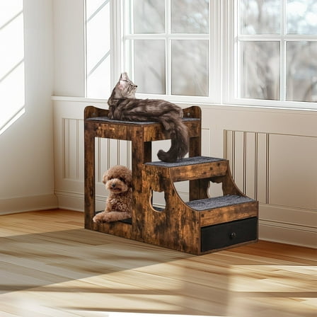 Indoor Pet Bunk Bed with Stairs – Dog/Cat Window Perch with Storage, Brown