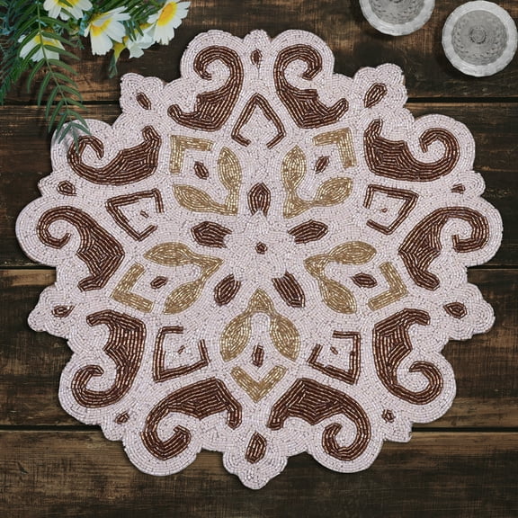 Gold Brown Beaded Placemats Set of 2 for Dining Coffee Table Scratch Heat Stain Resistant Charger Kitchen Decor Durable Tablemats - Fall Autumn Thanksgiving Holiday - 15 Inches