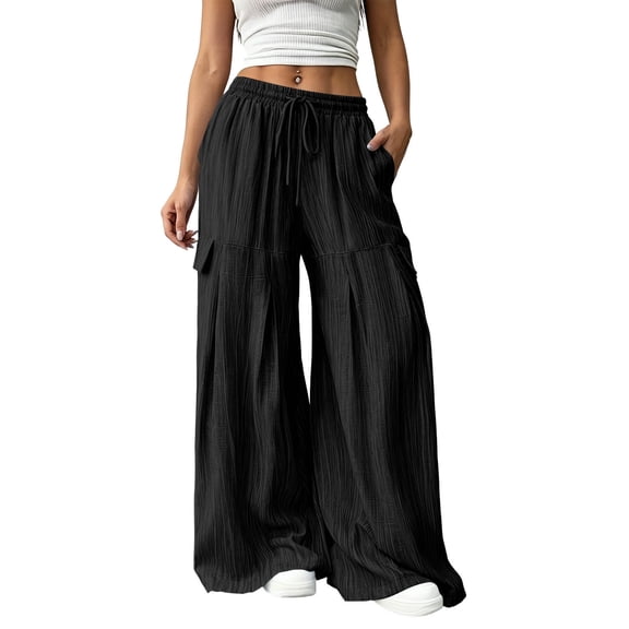 Edvintorg Lounge Pants Women with Pockets Flowy Lightweight Elastic Waisted Loose Cascual Wide Leg Trouser with Pockets Womens Clothes Black XL