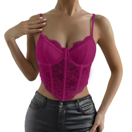 Clearance! Delayuji Womens Tees and Tanks Women s Floral Lace Mesh Corset Vest Spaghetti Strap Tops Going Out Slim-Fit Camisole M Red