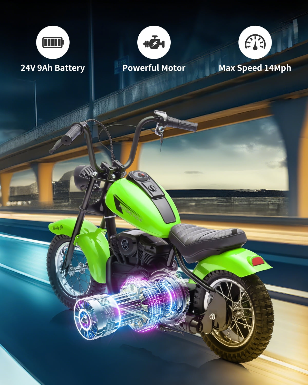 24V Electric Dirt Bike for Kids, 2 Speed Max Up to 14 Mph & 60 Minutes Continuous Electric Motorcycle  with Led Lights, Leather Seat, Handbrake for Big Kids Teen, Ideal Christmas Gifts