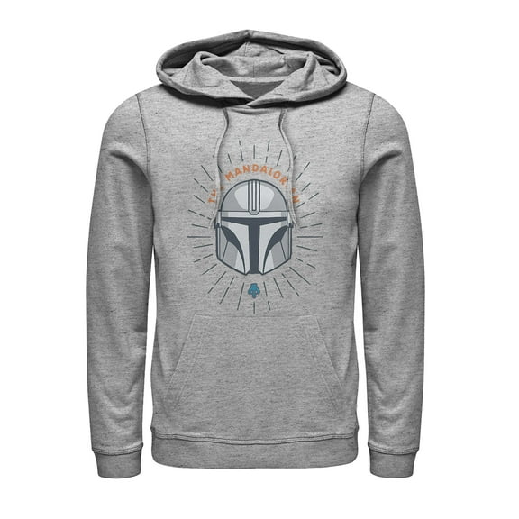 Men's Star Wars: The Mandalorian Helmet Cartoon Pull Over Hoodie Athletic Heather Large