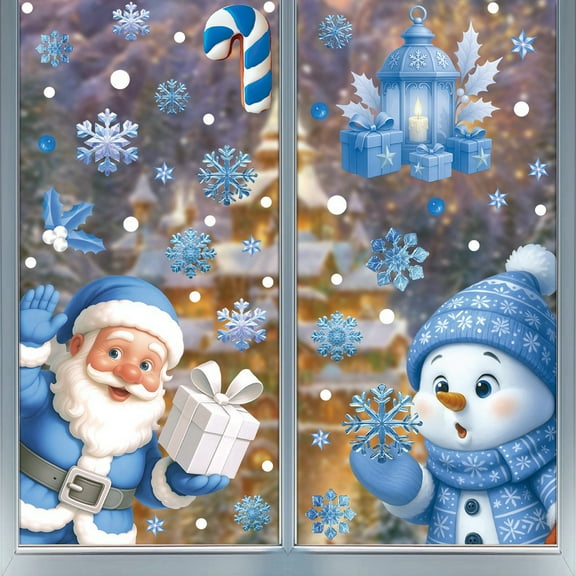 Decorative Stickers, Xmas Blue Santa Snowman Snowflake Tree Window Static Stickers - Electrostatic Cling Decorative Glass Stickers - Christmas Home Window Decor Holiday Display