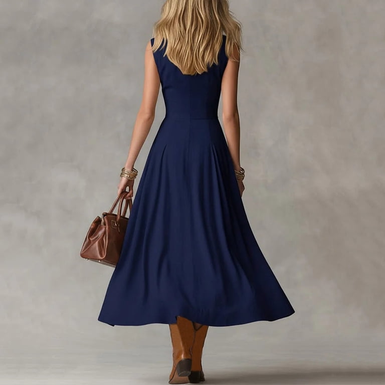 fit and flare maxi dress in navy PACT Organic Fit & Flare Open Back Maxi Dress - Navy