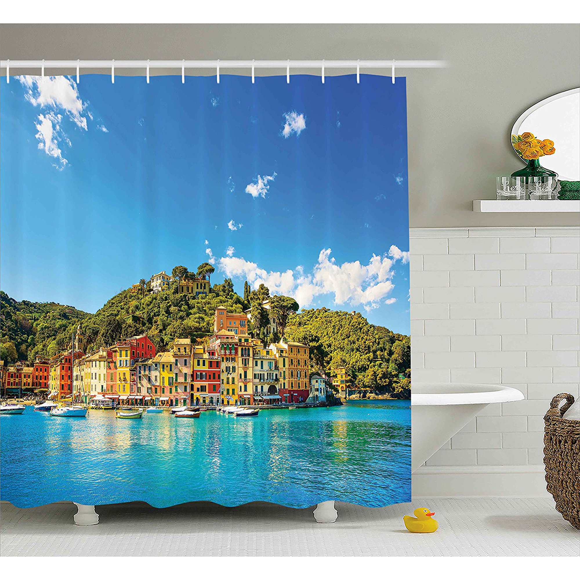 Village Decor Shower Curtain By Mediterranean European Town By The Sea Portofino Italian Harbor Panorama Fabric Bathroom Decor Set With Hooks 84 Inches Extra Long Blue Green By Ambesonne Walmart Canada