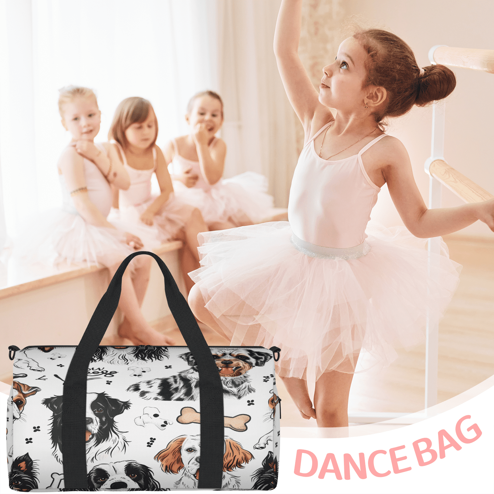 Herdesigns Dog Print Gym Bag for Women, Duffle Bag for Travel Sport, Lightweight Waterproof Carry on Weekender Overnight Dance Yoga Workout Bags