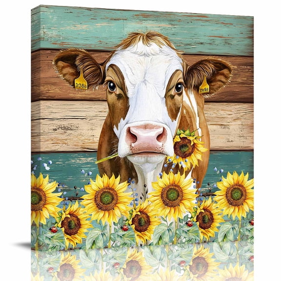 Framed Canvas Wall Art for Living Room Sunflower Cow Wall Decor, Teal Wood Grain Farm Animal Aesthetic Paintings for Bedroom Office Kitchen Bathroom, Ready to Hang Artwork Wall Pictures 8x8 Inch