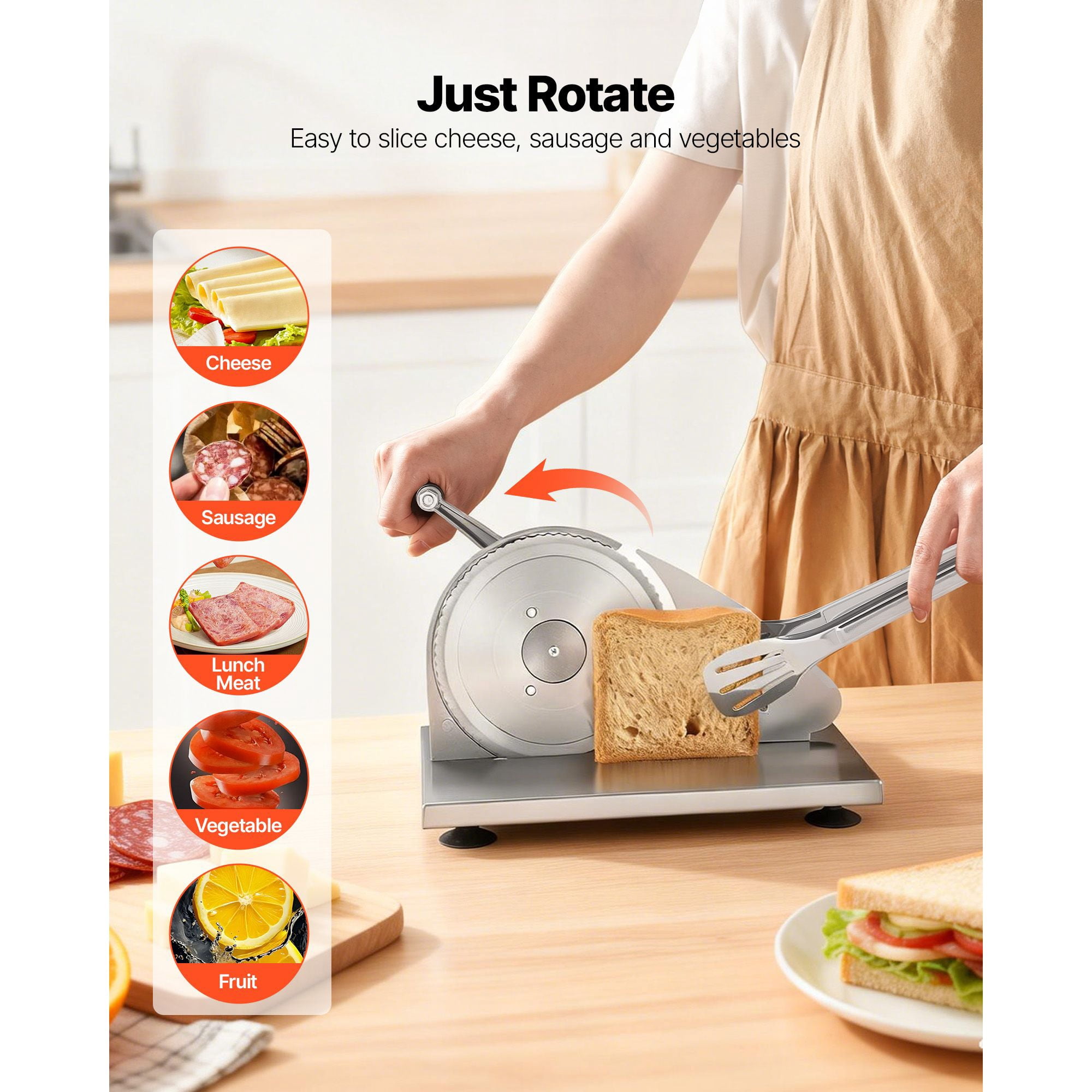 Hand-Cranked Bread Slicer with Adjustable 0-0.6" Thickness, Stainless Steel Blades, Suction Cup Base, Manual Cheese Meat Bread Cutter for Kitchen