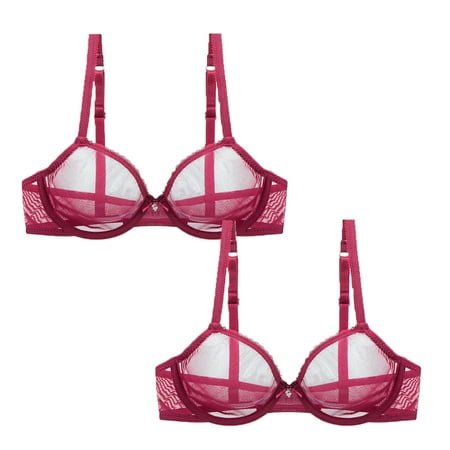 Xmarks Women s Sexy Lace Push Up Plus Size Bra Sheer Balconette Underwire Unlined 2 Pieces Red 80C