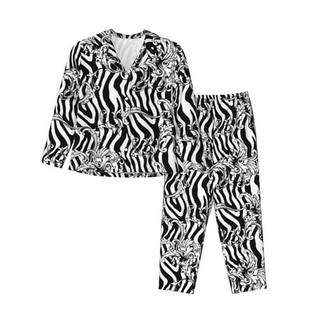 2 Piece Womens Pajama Sets - cool white black flower zebra print Soft Sleepwear Comfy Pajamas Ladies Pj Lounge Sets with Pockets  Long Sleeve Button Shirt and Pajama Pants Pjs Sets for Women