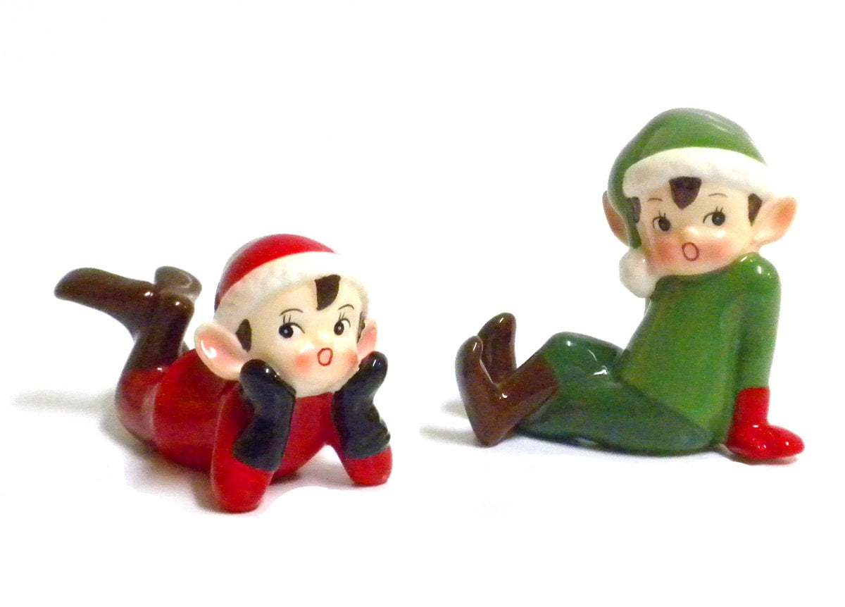 Retro Vintage Style Christmas Elf FigurinesRed and GreenSet of Two