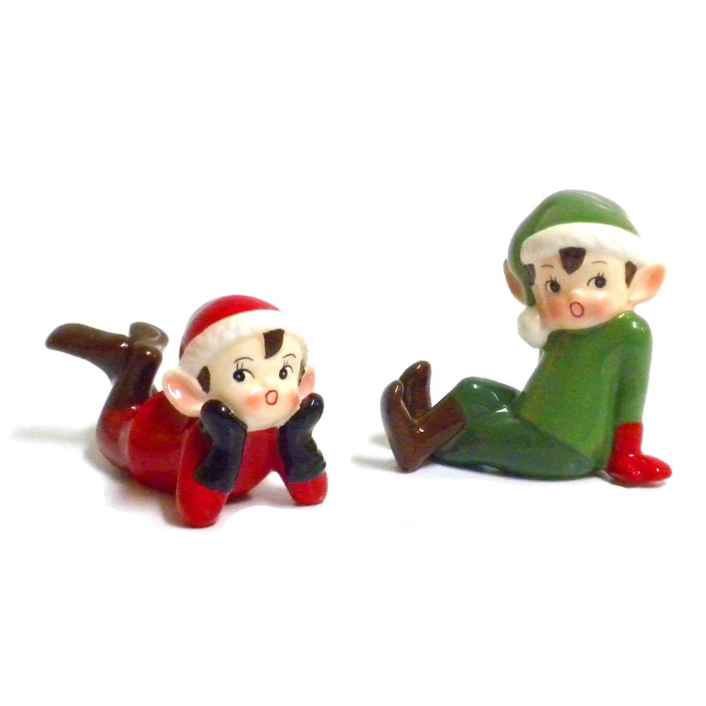 Retro Vintage Style Christmas Elf FigurinesRed and GreenSet of Two
