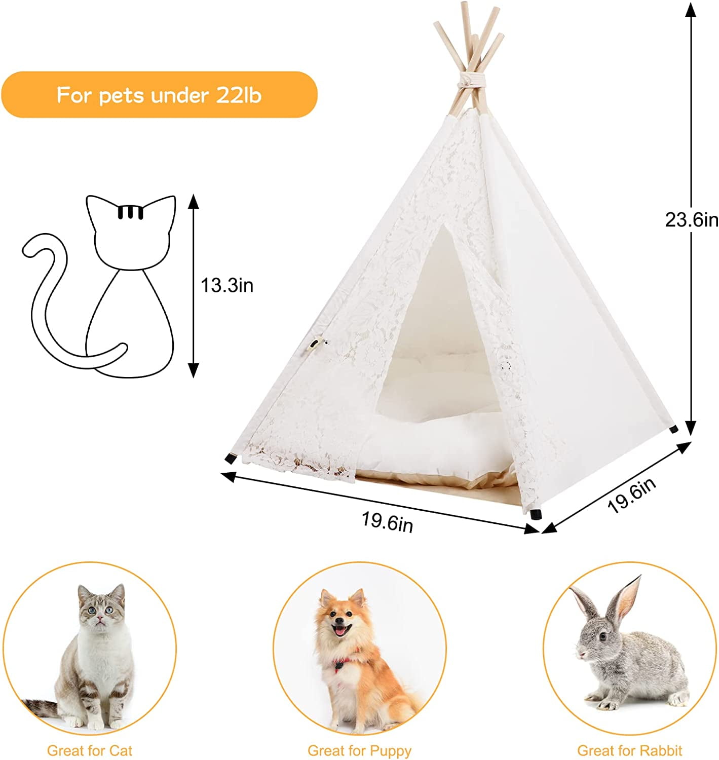 Portable Pet Teepee Tent for Medium and Large Pet,Foldable Dog and Cat House with Luxury Cushion Washable ，Indoor/Outdoor Use, Lace Style