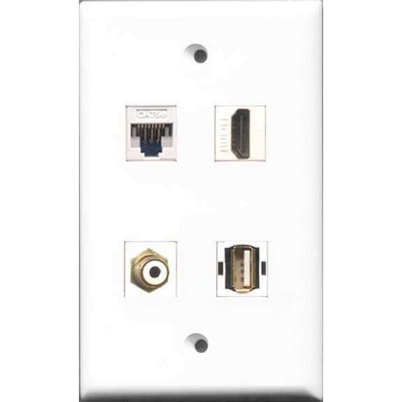 RiteAV - 1 Port HDMI and 1 Port RCA White and 1 Port USB A-A and 1 Port Cat5e Ethernet White Wall Plate