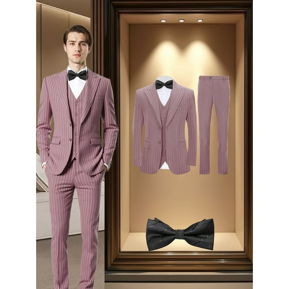 Beauty-Emily Men's 4-Piece Pinstripe Suit Set, Peak Collar Two-Button Jacket, Vest, Pants, Necktie, for Wedding, Business, Party, Banquet, Prom, Formal Events, Graduation