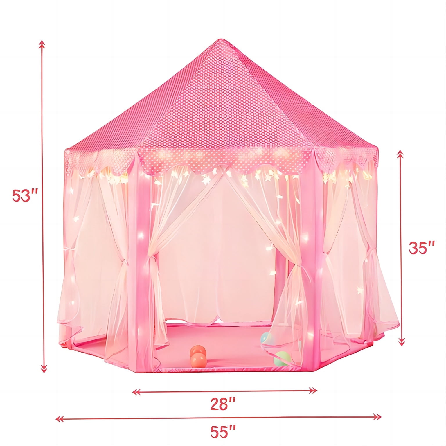 Princess Castle Play Tent with LED Star Lights,Large Size 55" x 53" Pink Hexagon Playhouses Kids Tent Indoor Outdoor Games for Toddlers 2-8 Years Old