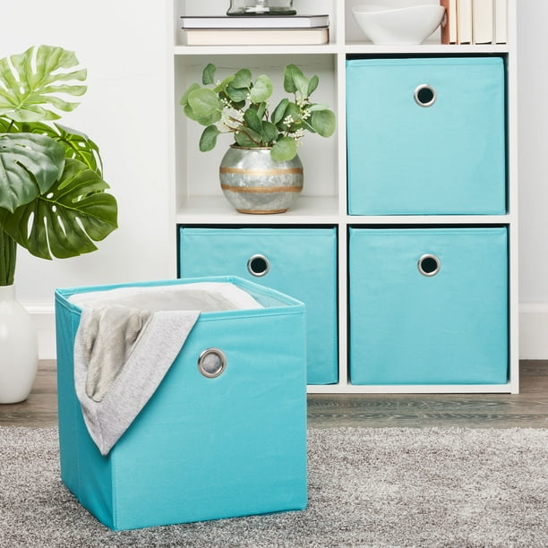 Mainstays Collapsible Fabric Cube Storage Bins (10.5" x 10.5"), Aqua Ocean, 4 Pack