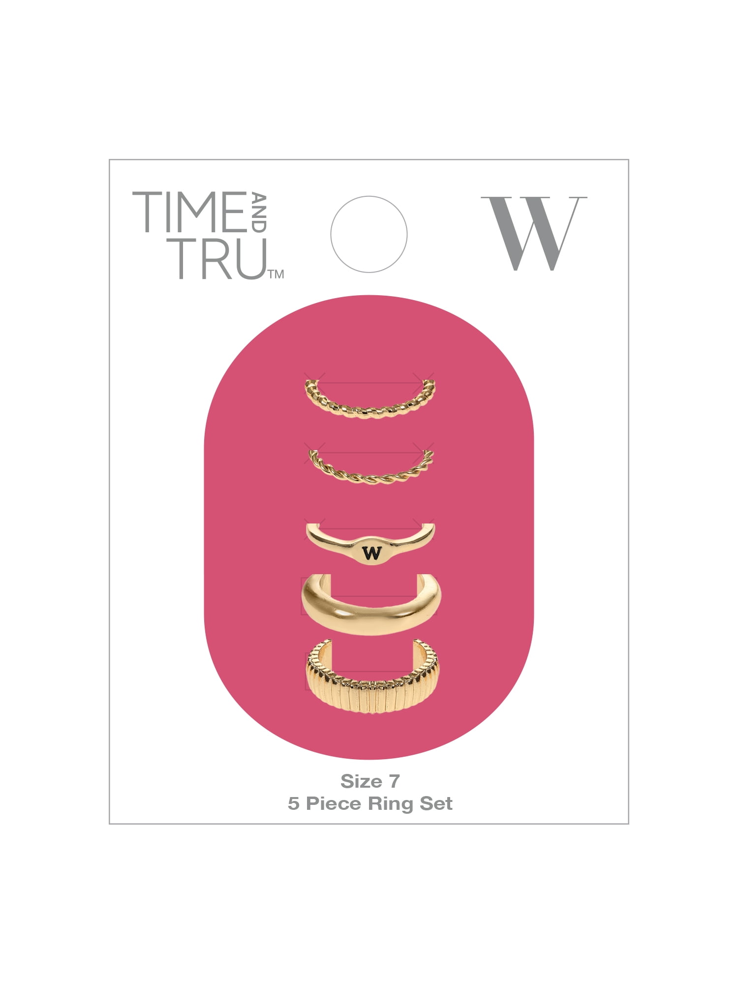 Time and Tru Goldtone Initial Letter Ring Set, 5 Piece, Size 7, Letter W