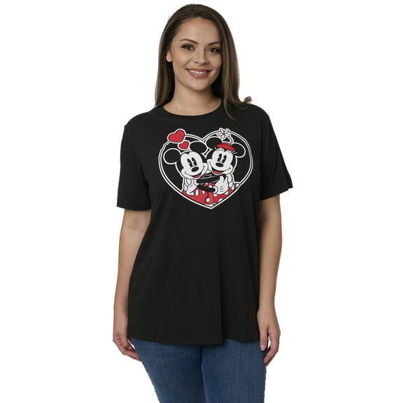 Disney Womens Plus Size Mickey and Minnie Mouse T-Shirt Heart Hugs Black