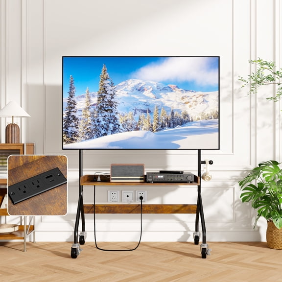 V1 Rolling TV Stand with Wheels Black TV Cart with Power Strip Wood Shelf for Living Room Bedroom ,32-75 inch Tvs,1 Pack