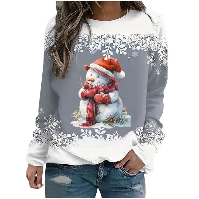 Rbaofujie Chandail à Capuche de Noël pour Femmes, Mode Décontractée, Imprimé, Col Rond, Manches Longues, Gris