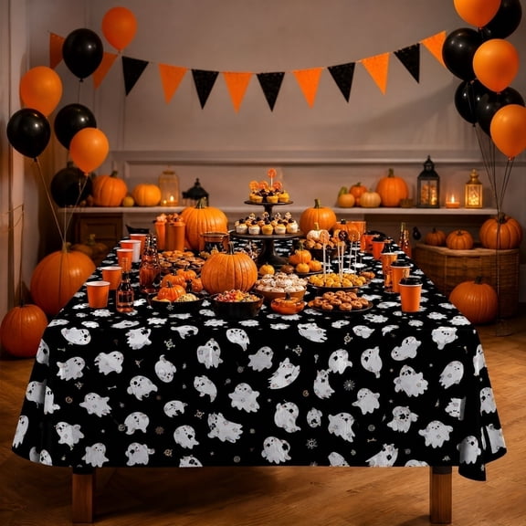 Mskk Halloween Cute Ghost Plastic Tablecloth, 3 Pack 108×54 Inch Rectangle Disposable Table Cover, Waterproof Table Cloth For Halloween Party Dining Table Decoration