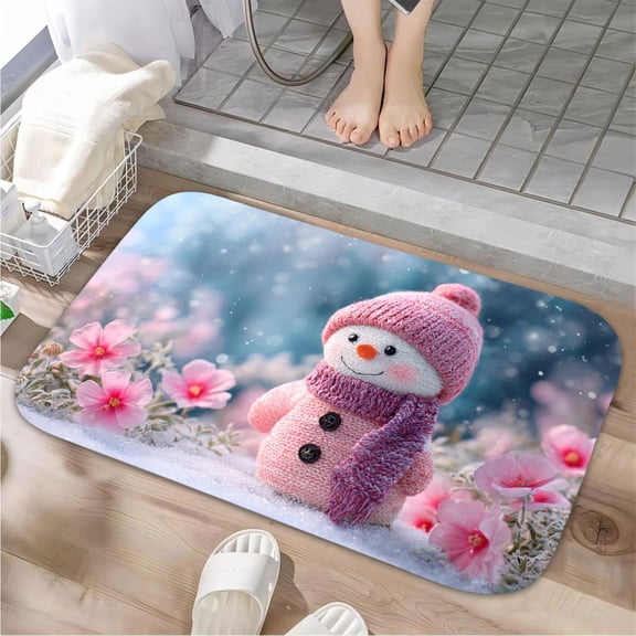 1pc Pink Knitted Snowman Absorbent Non-Slip Bathroom Thickened Flannel Rug Decor,Soft,Quick Drying,Suitable For Indoor/outdoor Use,Bathrooms,Bedrooms,Kitchens,Terrace,Laundry Rooms,16"x24"