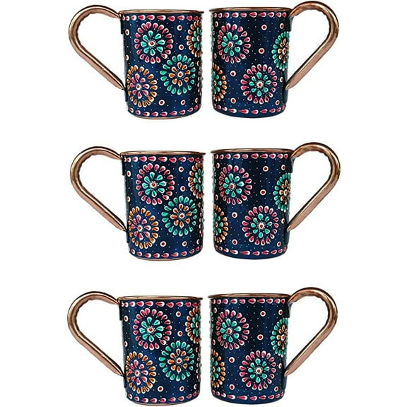 Rastogi Handicrafts Handmade Pure Copper Outer Hand Painted Art Work Wine, Vodka, Beer,Cocktail,Juice, Cold Coffee Straight Mug - Cup 16 oz Pack Of 6 Cup (BLUE)