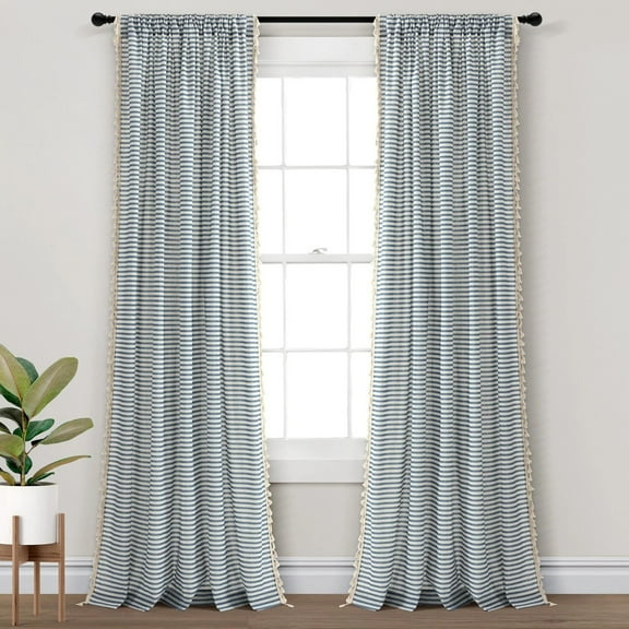 Lush Decor Boho Coastal Horizontal Ticking Stripe Tassel Window Curtain Panel Set, Blue, 52 x 84